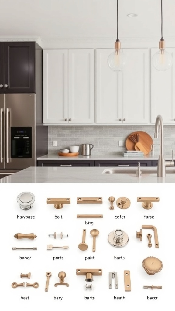 A variety of customizable cabinet hardware options displayed.