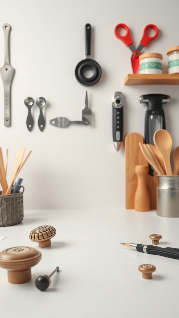 A variety of kitchen knobs and tools displayed on a clean countertop.