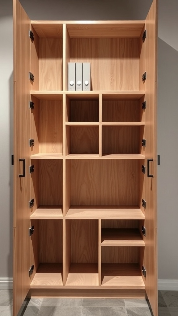 A modular corner cabinet with various compartments and shelves.