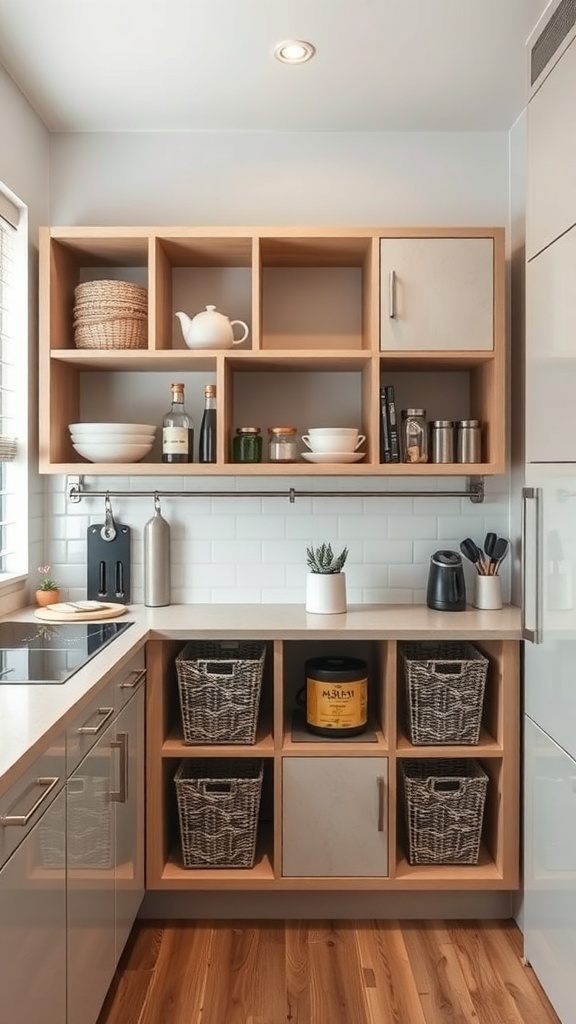 A small Indian kitchen featuring customizable modular storage units with open shelves and baskets.