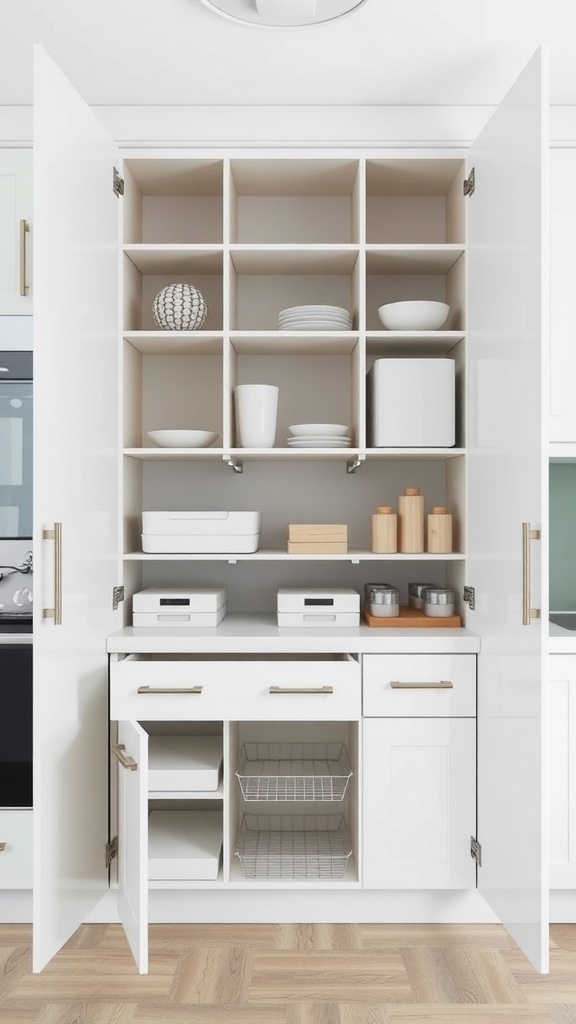 A modern kitchen cabinet with customizable modular storage options, featuring open shelves and drawers.