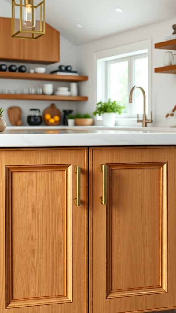 Customized engraved kitchen cabinet door handles on wooden cabinets.