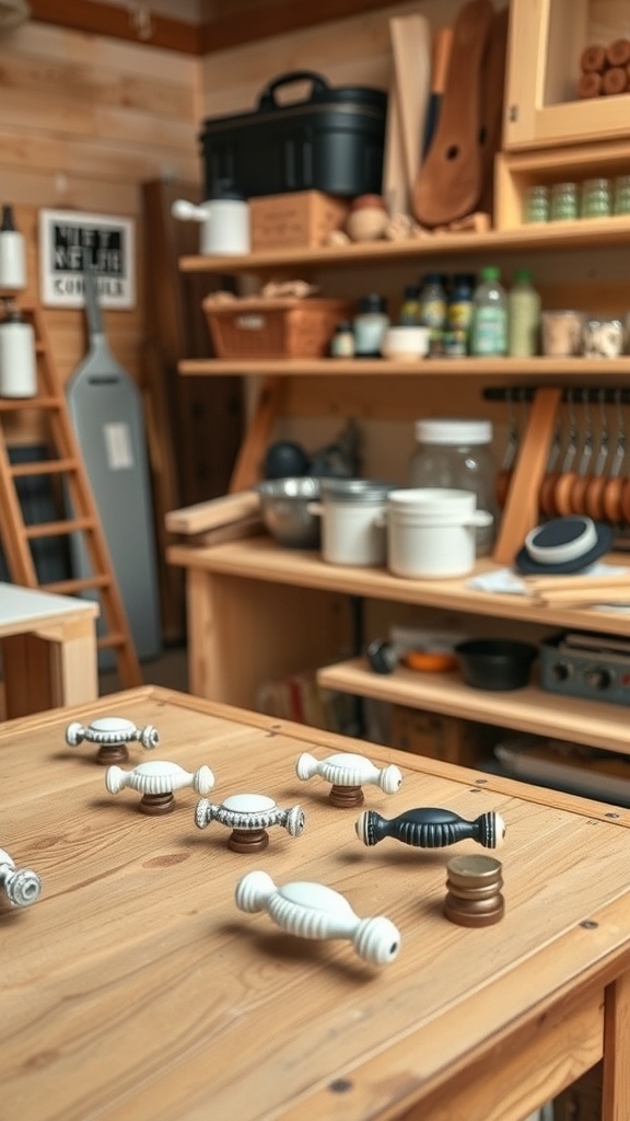 A variety of drawer pulls displayed on a wooden table in a kitchen setting.