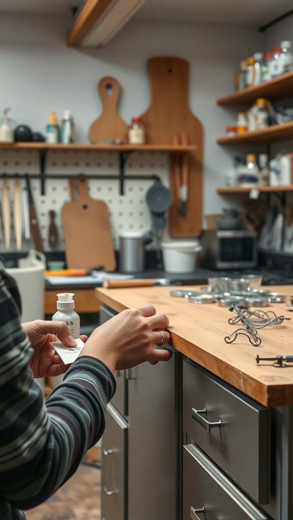 A person customizing kitchen drawer handles in a well-organized kitchen.