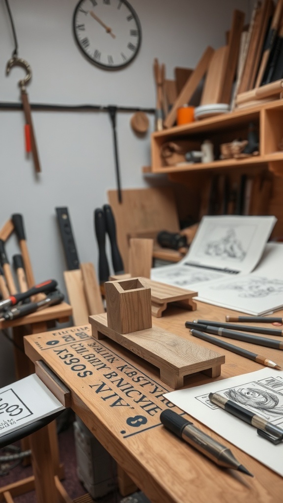 A workshop with wooden kitchen handle prototypes and tools.