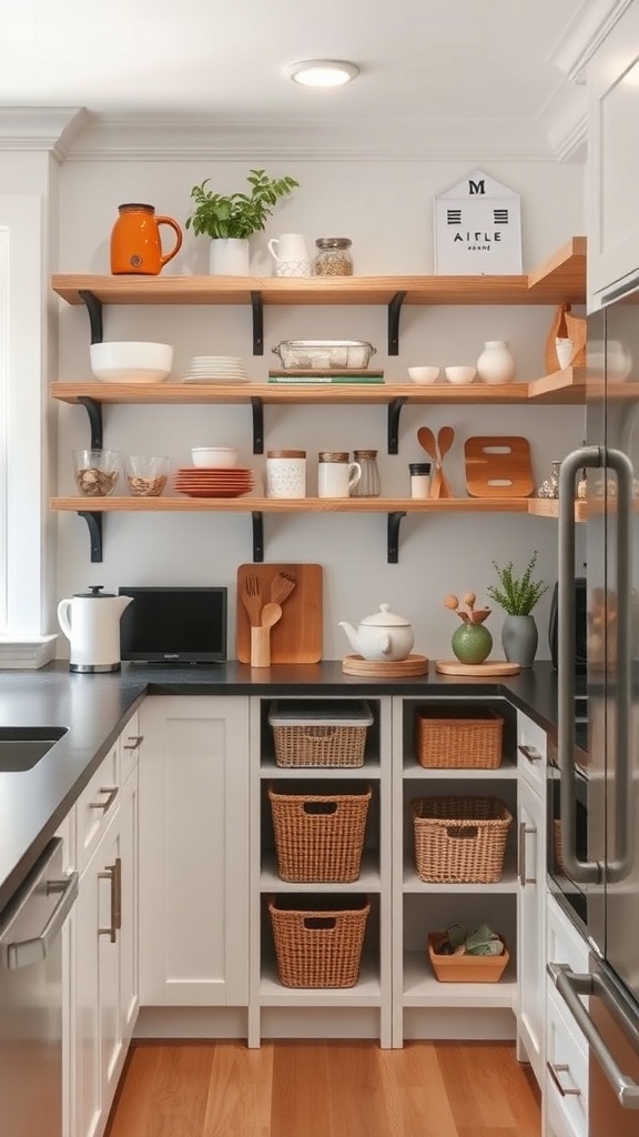 A well-organized kitchen corner with open shelves and storage baskets.