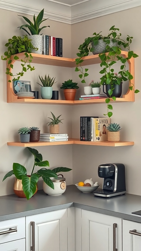 Corner shelves in a kitchen decorated with plants, books, and a coffee maker.