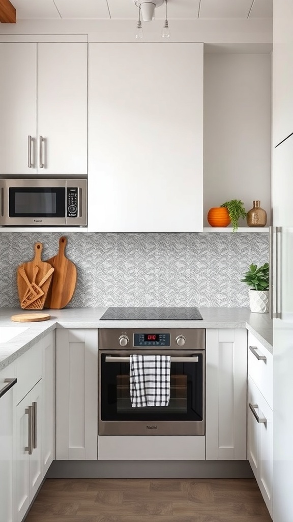 A modern kitchen with a decorative backsplash, featuring patterned tiles and stylish decor.