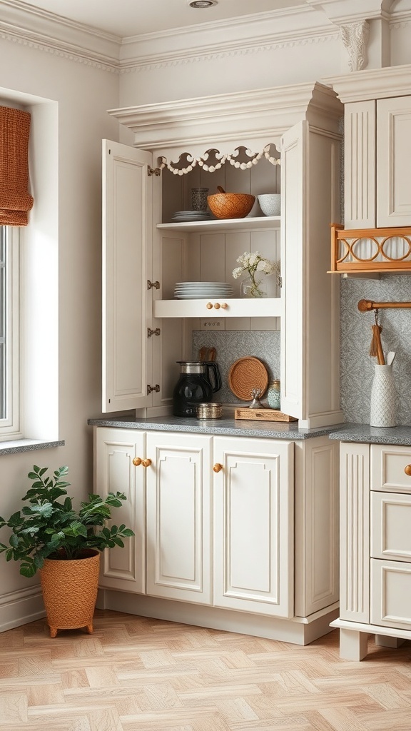 A decorative corner kitchen cabinet with open shelves and closed cabinets, featuring a light cream color and wooden accents.
