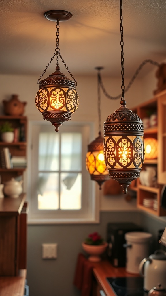 Decorative Indian lanterns hanging in a cozy kitchen.