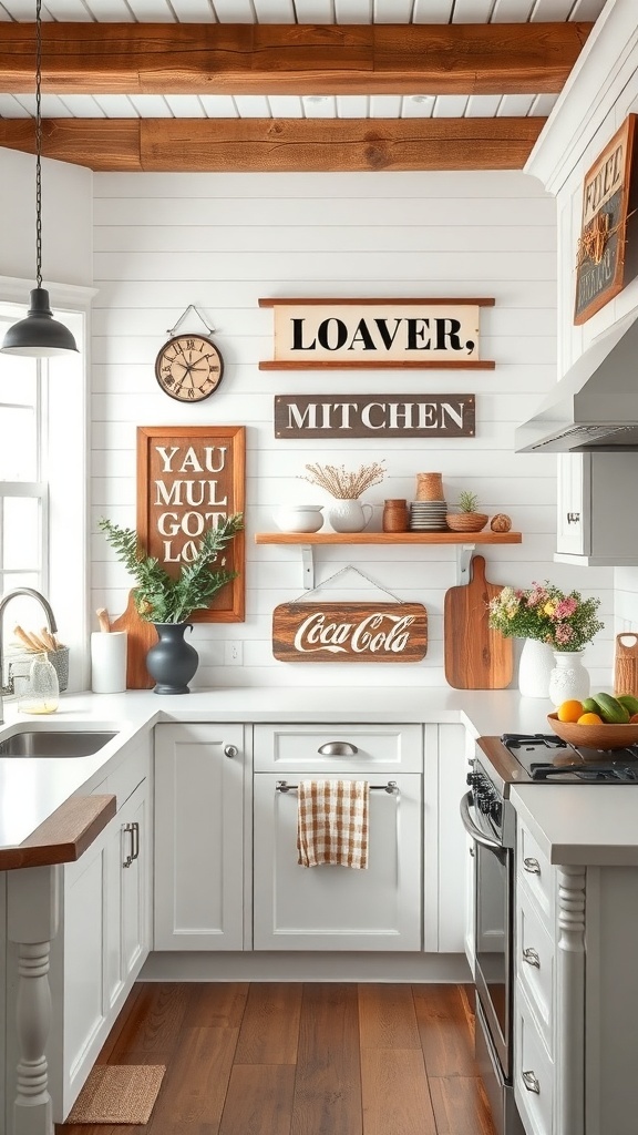 Decorative wall art in a white farmhouse kitchen with wooden signs and plants.