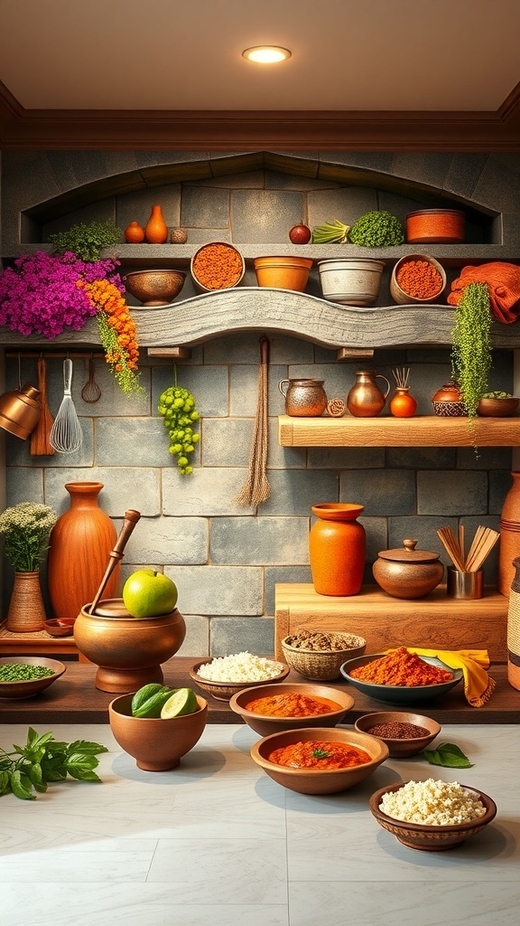 Traditional Indian kitchen interior with decorative wall murals and vibrant art.