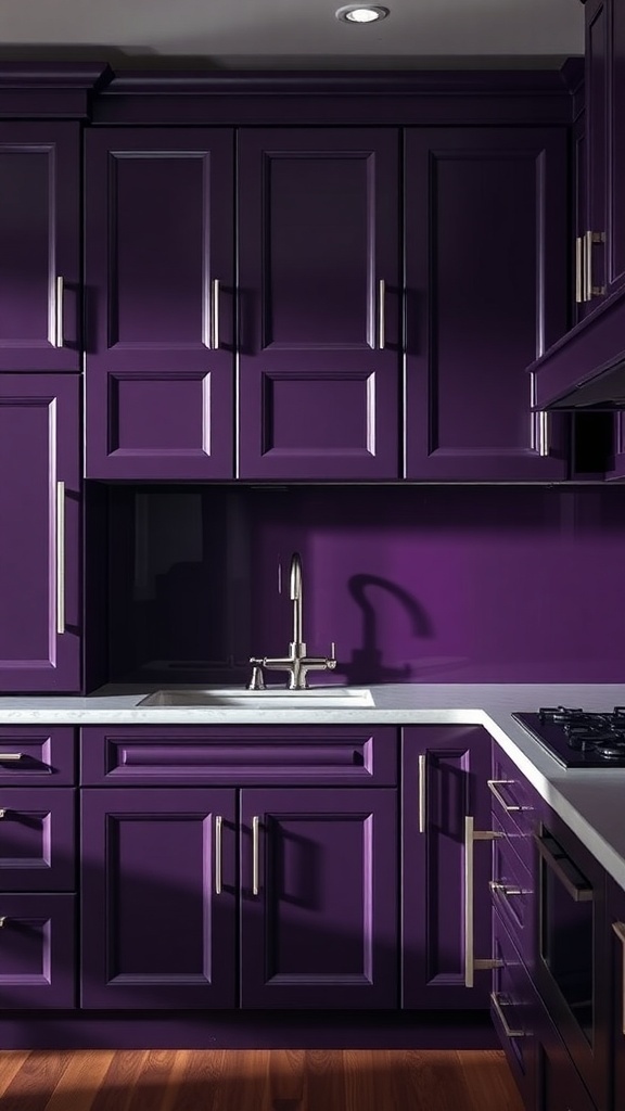 A modern kitchen with deep purple cabinets and silver handles.