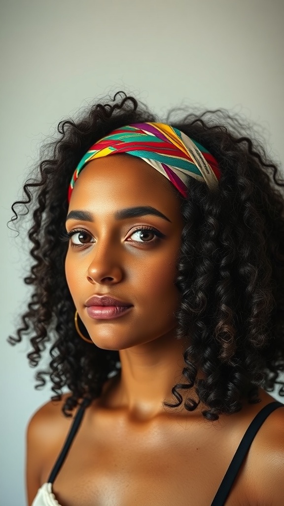 A person with defined curly hair wearing a colorful headband.
