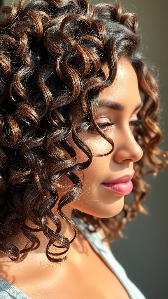 A woman with defined curls styled with a side part, showcasing a professional and elegant look.