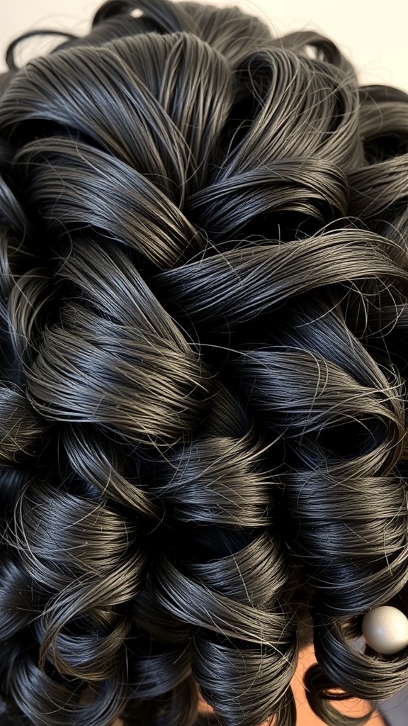 Close-up of defined curly hairstyle with glossy, bouncy curls.