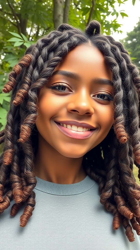 A person with defined ringlets, showcasing dark curls with lighter tips, smiling in a natural setting.