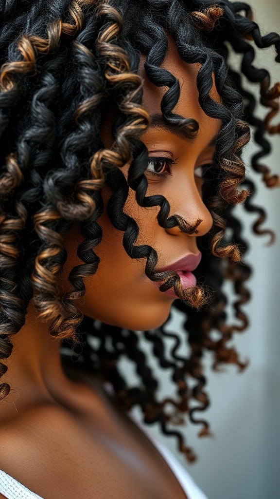 Close-up of a person with defined ringlets, showcasing dark and light curly hair.