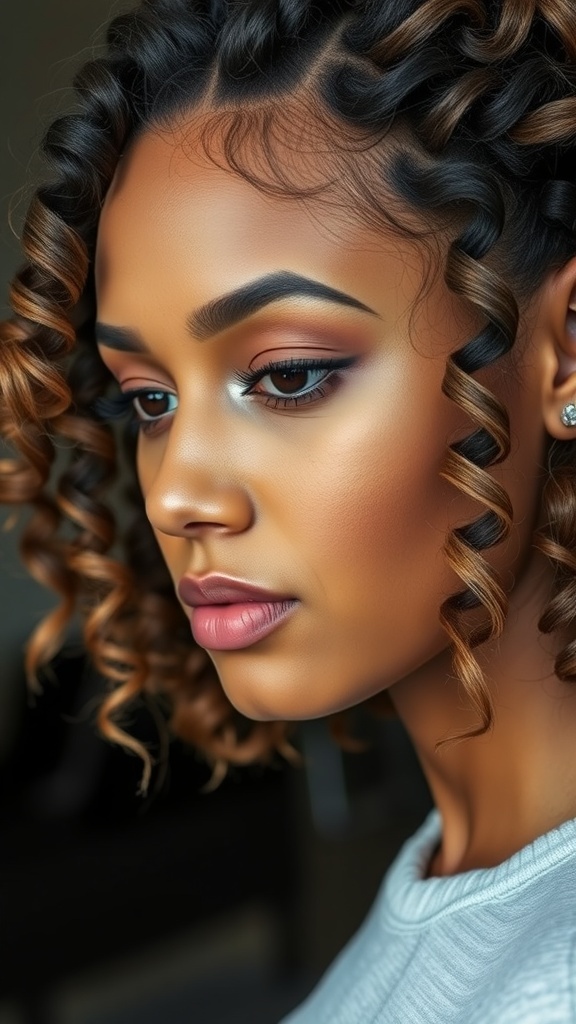 Close-up of a person with defined ringlets, showcasing a mix of dark and light hair tones.