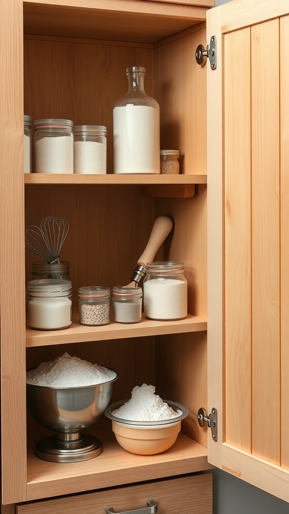 A neatly organized kitchen cabinet with baking supplies including flour, sugar, and mixing utensils.