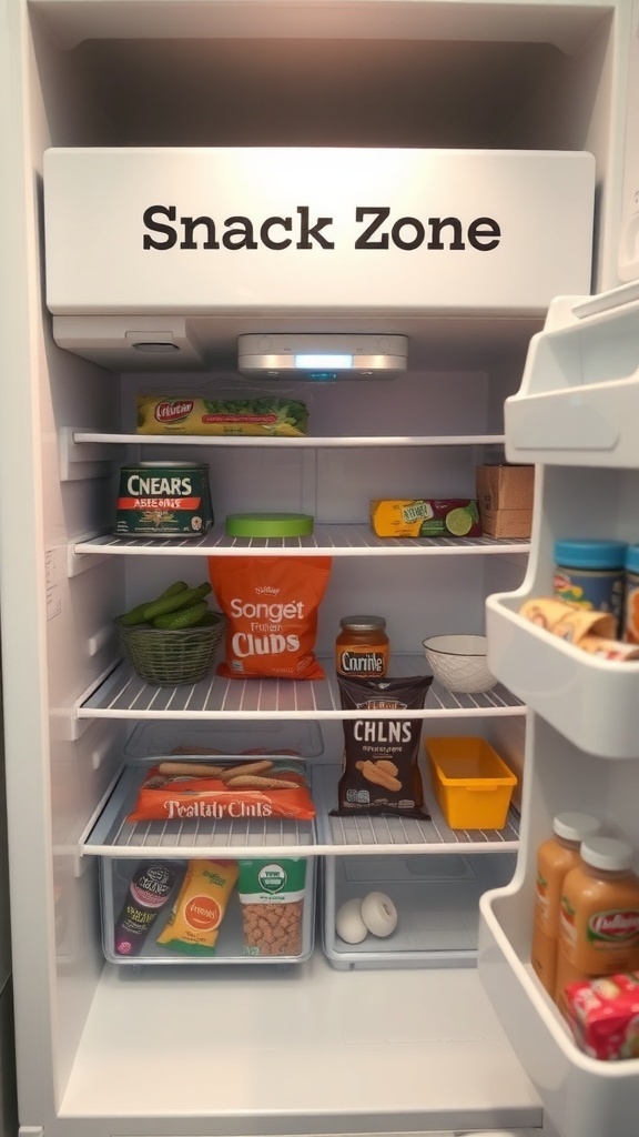 Organized fridge with a designated snack zone labeled 'Snack Zone'.