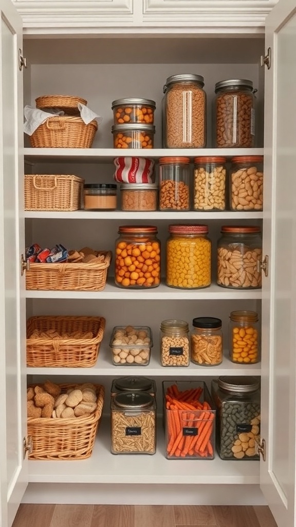 Organized kitchen cabinet with snacks in jars and baskets.