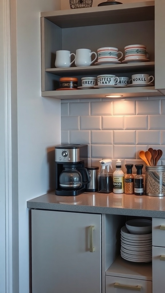 A neatly organized coffee station with mugs, coffee maker, and supplies.