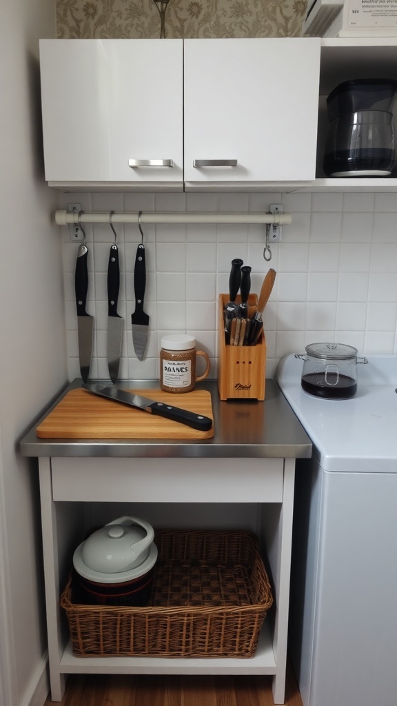 Compact workstation in a small Indian kitchen with organized utensils and a clean countertop.