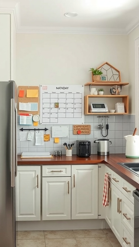 A kitchen featuring a calendar, bulletin board, and shelves for organization.
