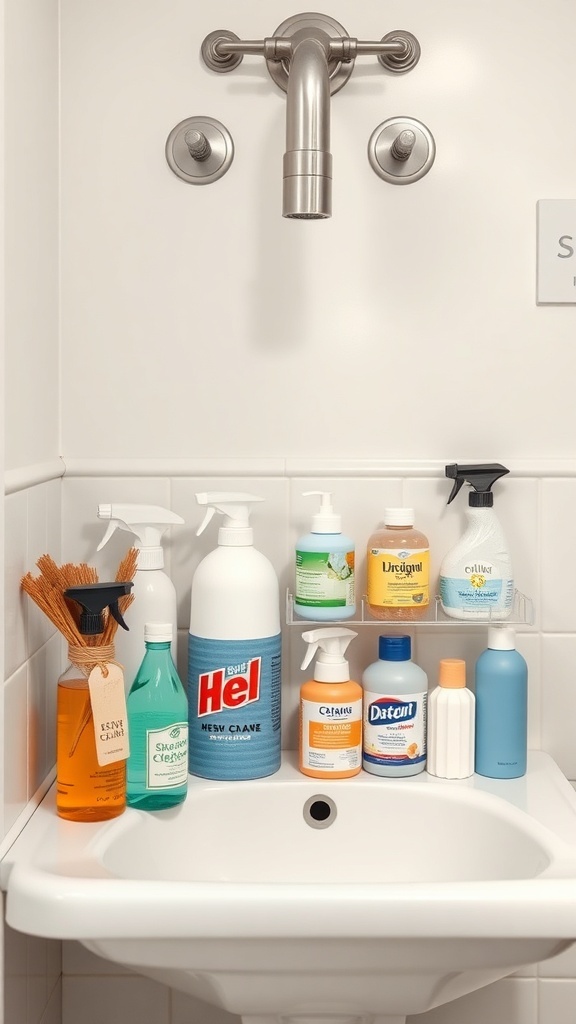 Organized under sink area with cleaning supplies and a sink.