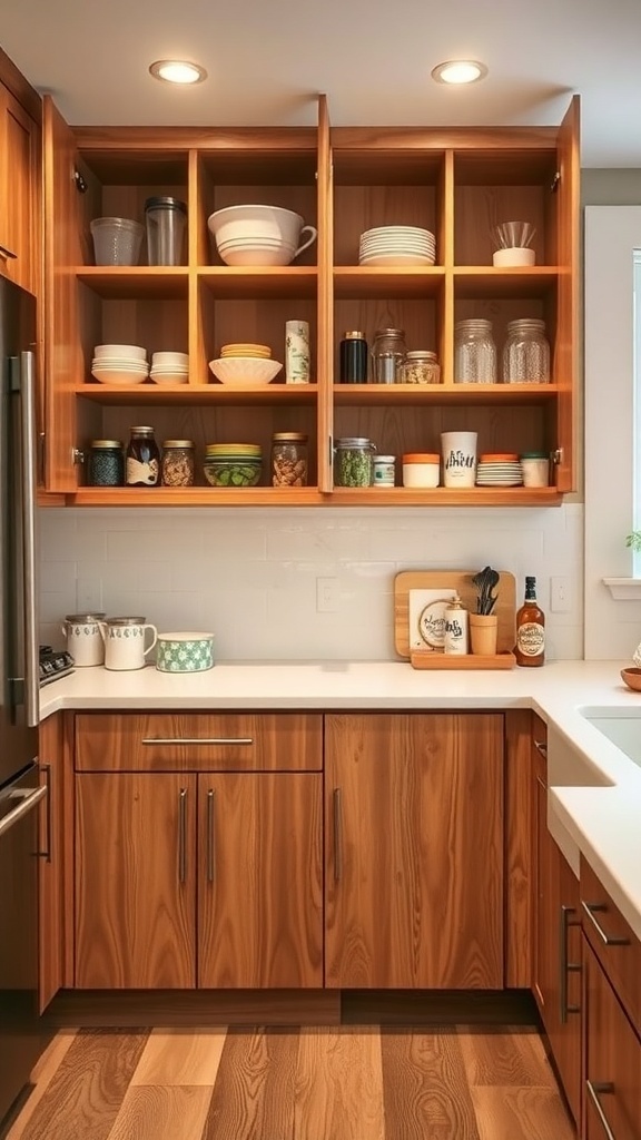 A well-organized kitchen cabinet layout with various dishes and jars neatly arranged.