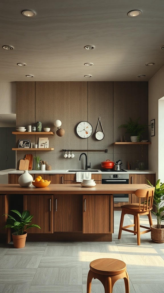 A modern open kitchen featuring wooden cabinets, a central island, and plants.