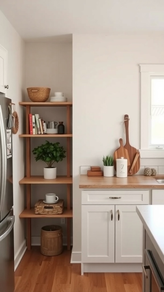A cozy kitchen corner shelf displaying books, plants, and kitchenware.