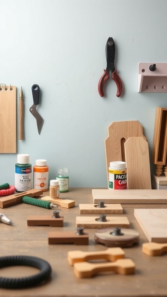 A workspace with various tools and materials for making custom drawer pulls.