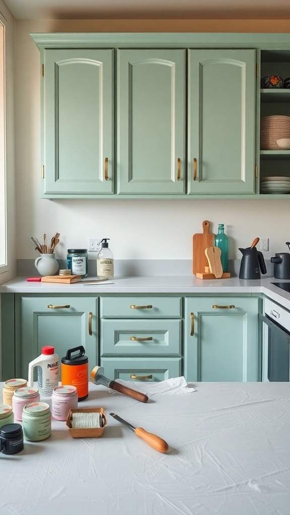 A kitchen with mint green cupboards and stylish gold handles, showcasing DIY materials on the counter.