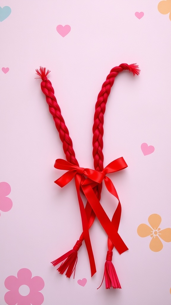 Two red braided pigtails tied with ribbons on a pastel background