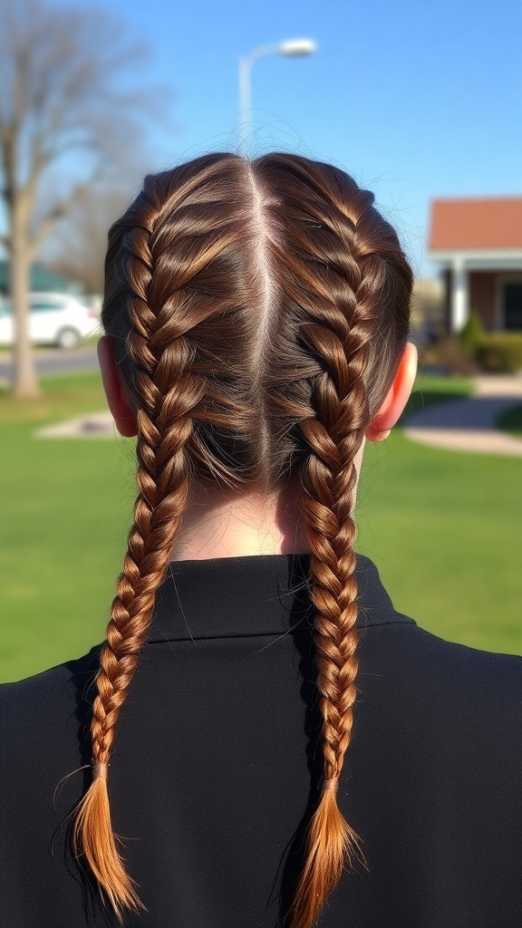 A person with two Dutch braids, viewed from the back, showcasing a neat hairstyle.