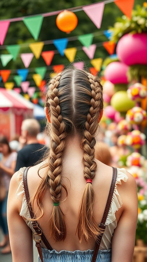 A girl with double Dutch braids, wearing colorful hair ties, in a festive summer setting.