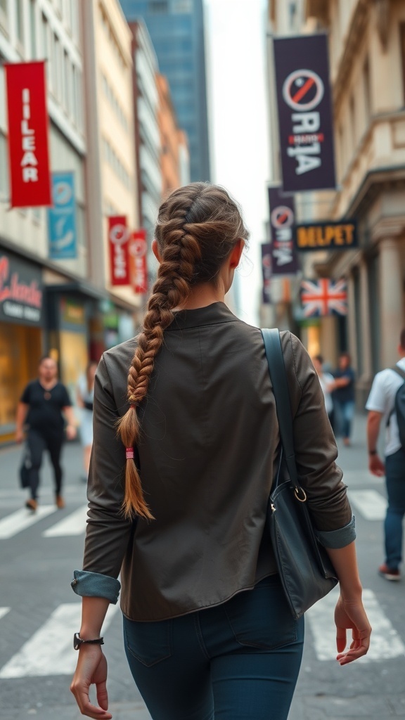 A woman with double Dutch braids walking in a city street