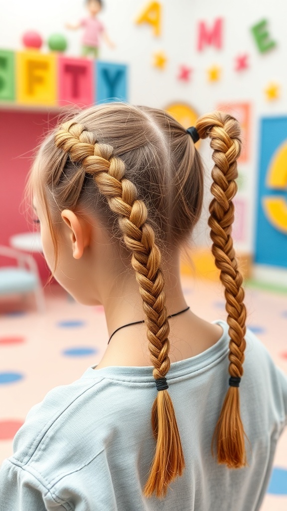 A girl with double feed-in braided ponytails, showcasing a playful hairstyle.