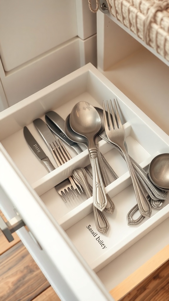 Organized cutlery in a drawer with dividers.