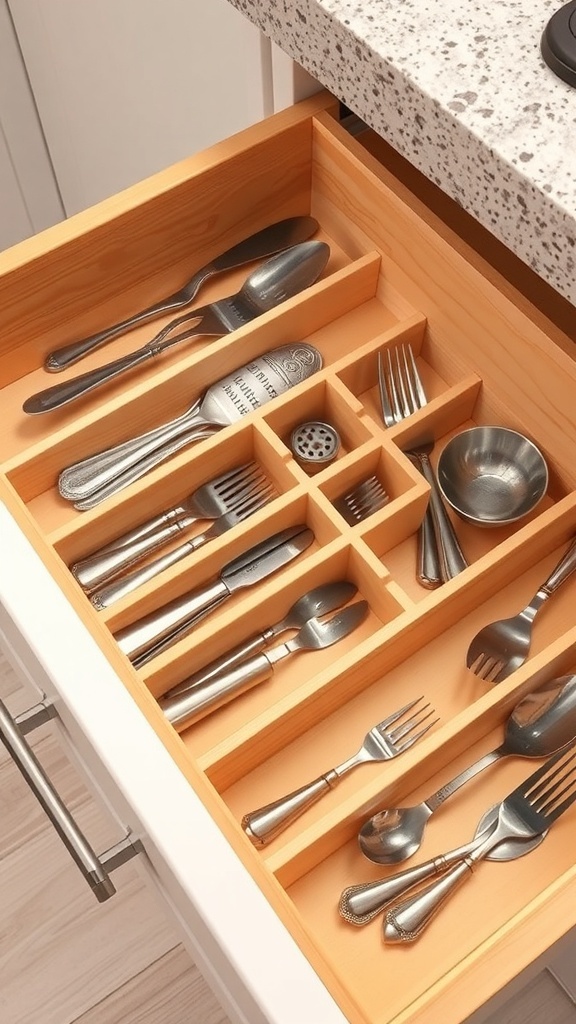 A neatly organized kitchen drawer with dividers separating utensils.