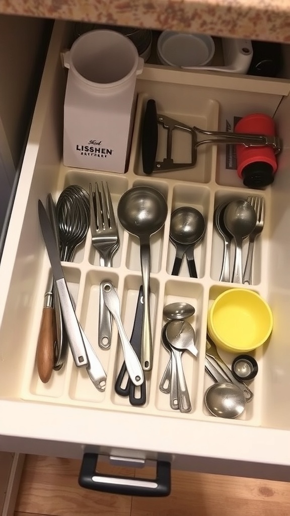 Organized kitchen drawer with dividers holding various utensils.