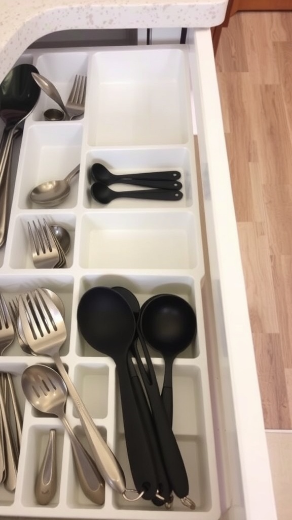 A kitchen drawer with organized utensils using white dividers.