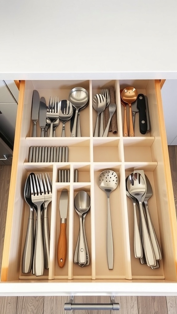 Organized kitchen drawer with dividers for utensils