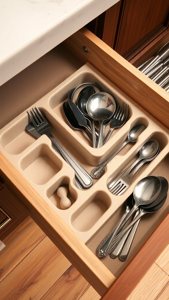 An organized kitchen drawer with utensils separated by dividers.