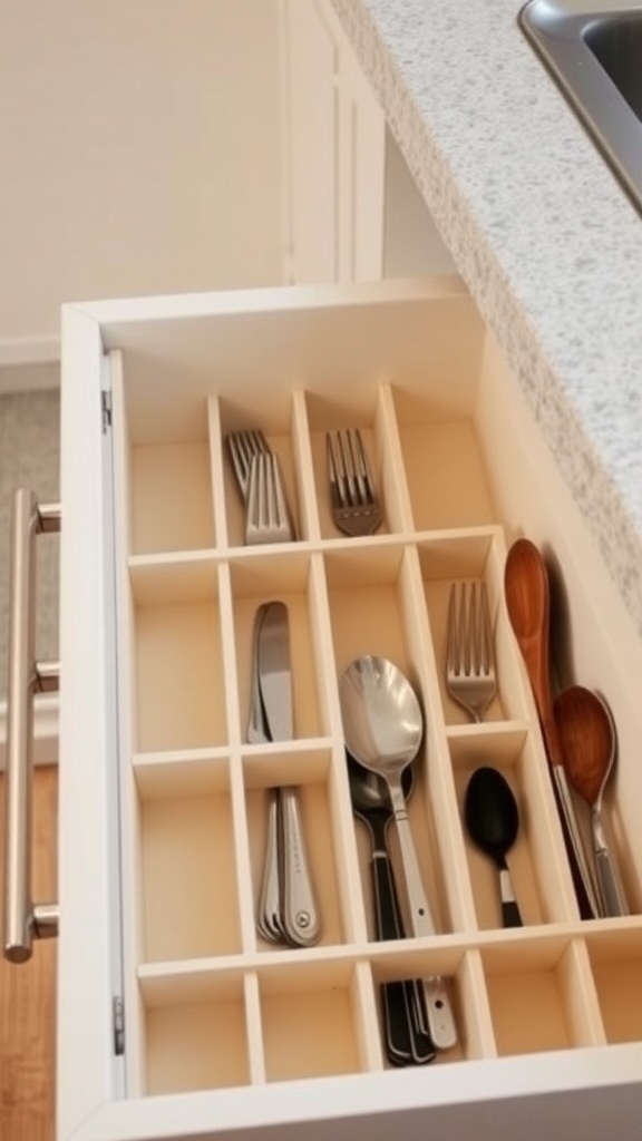 Organized kitchen drawer with utensil dividers