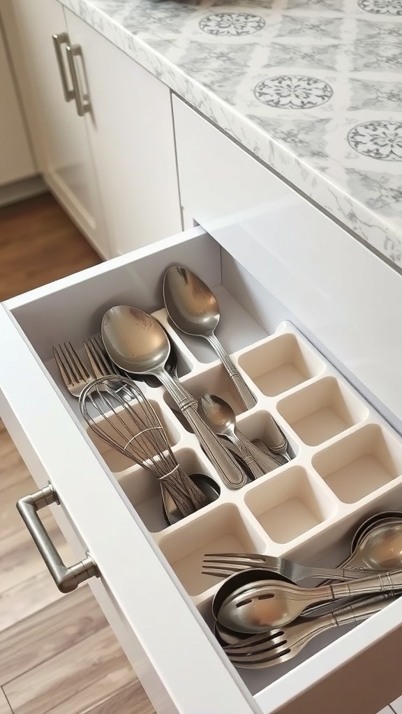 Organized kitchen drawer with utensils separated by dividers.