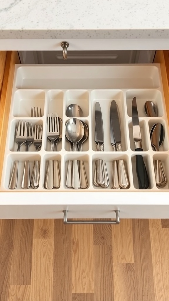 Organized kitchen drawer with utensil dividers.