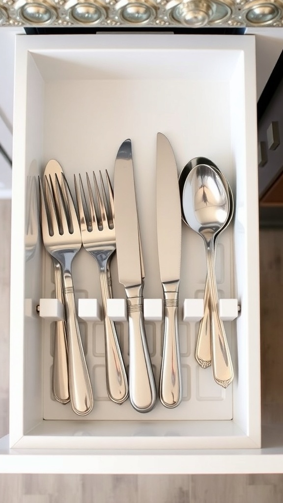 Organized cutlery in a drawer with forks, knives, and spoons neatly arranged.